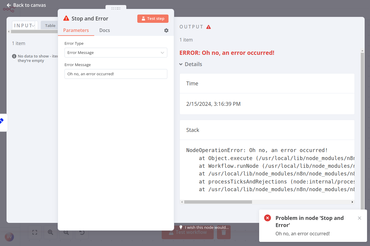 Stop and Error node with error message